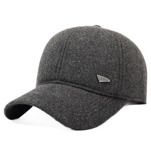Winter men's dark grey baseball cap with ear protection and a metal sports logo
