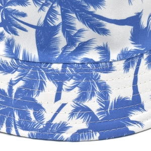 Detail of palm tree print on bucket hat with reinforced multi-row brim stitching