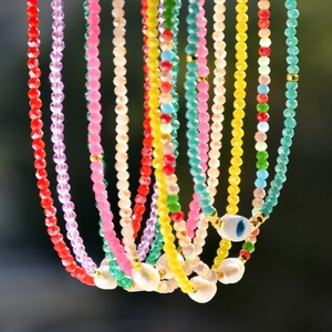 Colorful crystal beaded necklace with freshwater pearls and evil eye charm for women
