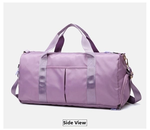 Side view of a light purple waterproof travel bag for gym and yoga with shoulder strap
