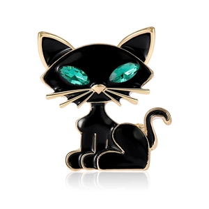 Elegant black cat brooch with green crystal eyes and gold alloy plating on white background