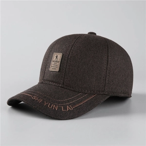 Men's winter thermal baseball cap in dark brown with warm ear flaps and embroidery