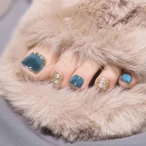 Press On Ongles De Pieds ABS Français Oeil De Chat Bleu Paillettes Amovibles Élégants Faux Ongles Pour Femmes