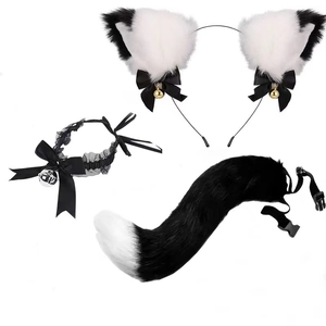 Three-piece black and white cat cosplay set with bell collar, ears headband, and plush tail
