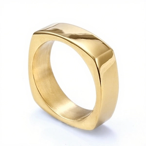 Polished gold square stainless steel ring with inner brushed metal finish on white background