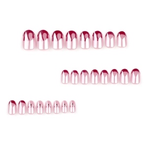 Glossy cherry red and silver gradient chrome press-on nails in oval shape on white background