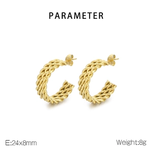 Macro detail of gold C-shaped twisted rope earrings showing dimensions 24x8mm