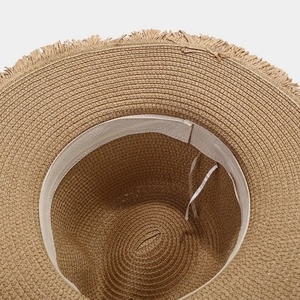 Bohemian wide brim sun hat with frayed edges, inner sweatband and adjustable drawstring