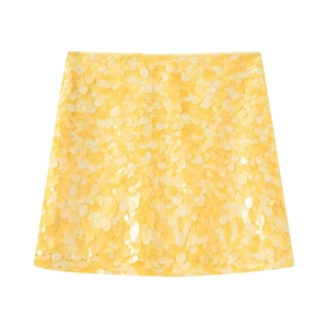 Fashionable bright yellow sequin A-line mini skirt with a sparkling textured finish
