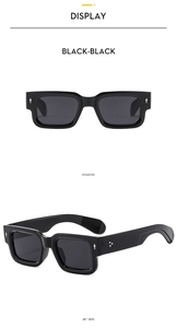 Front and 45-degree side views of black square sunglasses with silver arrow accents