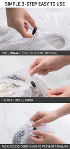 Detailed steps of tightening the drawstring and securing the fine mesh laundry bag
