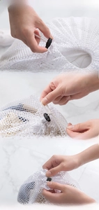 Detailed steps of tightening the drawstring and securing the fine mesh laundry bag