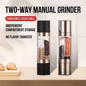 Manual stainless steel salt and pepper grinder with adjustable coarseness and dual chambers