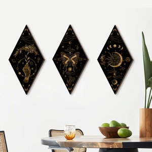 Three-piece diamond wood wall decor with golden moon phase and bohemian mystical motifs