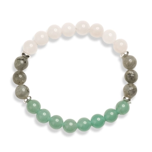 Detail of 8mm natural tiger eye and agate beads with silver metal spacers and elastic cord