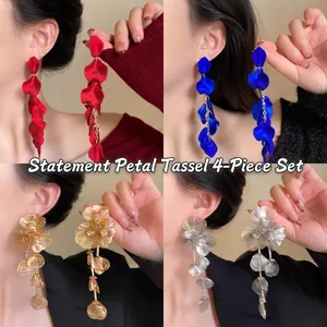 Dramatic petal tassel earrings set in red, blue, gold and silver finishes for women