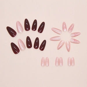 Cat eye glitter press on nails with almond shape, burgundy and pink bow design