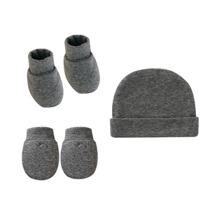 3-piece newborn baby knit set with beanie hat, mittens and booties in heather grey