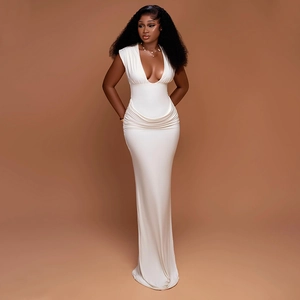 Elegant white sleeveless deep V-neck maxi dress with slim fit ruched mermaid hem