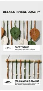 Détail d'une tapisserie macramé faite main avec feuilles tissées et support en bois poli