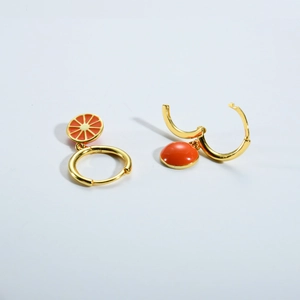 Close-up of S925 silver orange citrus drop earrings with gold plating and enamel finish