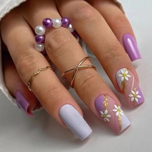 Purple Blue Press On Nails French Tip White Flower Gold Foil Square Shape Gradient Sweet Style Manicure For Women