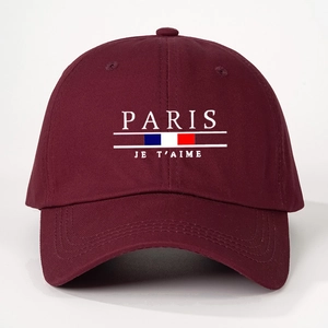 Classic burgundy cotton baseball cap featuring Paris Je t'aime and French flag print