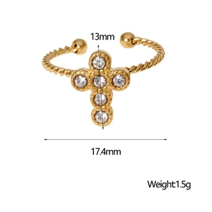 Detail view of gold-plated cross ring showing dimensions 13mm height and 17.4mm width