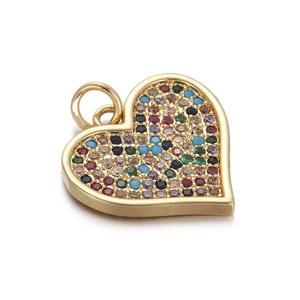 Detailed view of heart-shaped gold pendant with colorful inlaid zircon stones