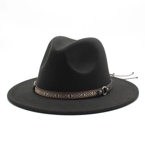Retro Wide Brim Fedora Hat Cotton Polyester Blend Wool Felt Texture Jazz Cap With Ethnic Woven Band Metal Ring Decor