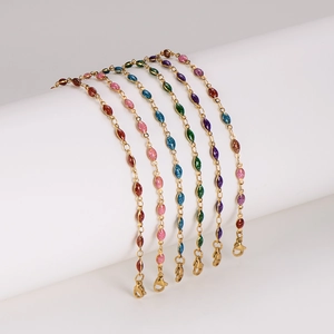 Gold stainless steel glitter colorful oval heart bracelet set with lobster clasp