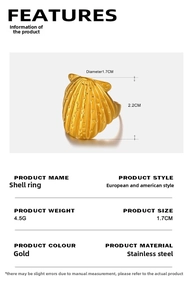 Detail view of gold shell ring dimensions and weight metrics for product specifications
