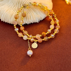 Vintage Double Layer Natural Stone Crystal Beaded Bracelet With Artificial Pearl Round Medallion Pendant Women French Style Elegant