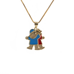 Hip hop gold plated necklace with blue and red zircon hugging couple pendant on white background