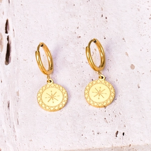 Golden titanium steel hoop earrings with engraved starburst coin pendant for women
