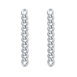 Detailed view of silver chain drop earrings with polished interlocking metal links