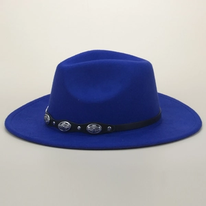 Close-up of royal blue wool fedora hat featuring black leather band and silver buckle