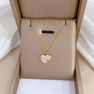 Luxurious gold titanium steel necklace with double heart pendant and rhinestones in gift box