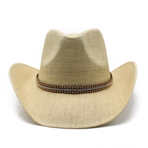 Straw western cowboy hat in beige with studded leather band and rhinestone accents
