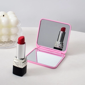 Pink portable mini folding makeup mirror for travel with double-sided HD square design