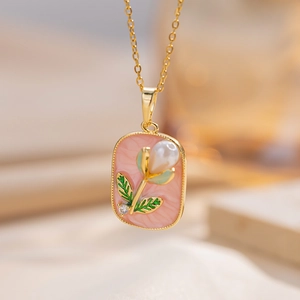 Tulip Flower Pendant Necklace Stainless Steel Enamel Copper Artificial Pearl Zircon Rectangular Pink Jewelry For Women Elegant