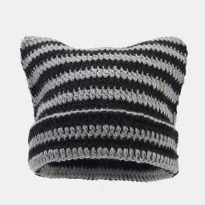 Handmade crochet knit beanie with black and gray stripes and cute cat ears design