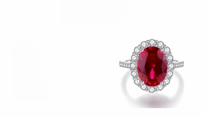 Macro detail of 8 carat oval ruby ring with carbon diamond halo in S925 silver