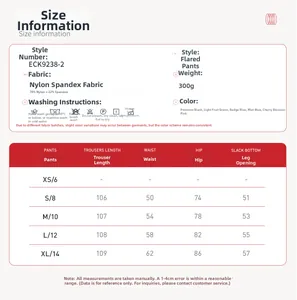 Size chart for high-waist flared yoga pants made of 78% polyamide and 22% elastane