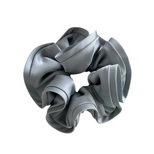 Elegant large silver grey satin scrunchie with silky pleated texture for women