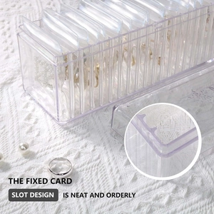Detail of fixed card slot design in acrylic jewelry box with transparent storage bags