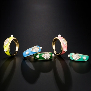 Evil Eye Open Ring For Women Colorful Enamel Copper 18K Gold Plated Zircon Artificial Pearl Adjustable Bohemian Jewelry Gift