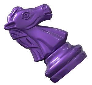 Macro shot of a glossy purple knight chess piece made from resin with smooth surface