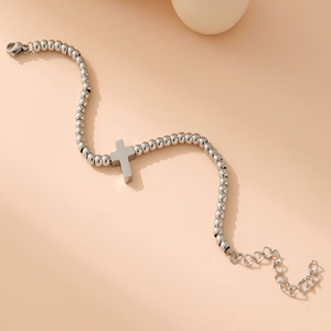 Minimalist stainless steel 4mm beaded cross charm bracelet with adjustable lobster clasp