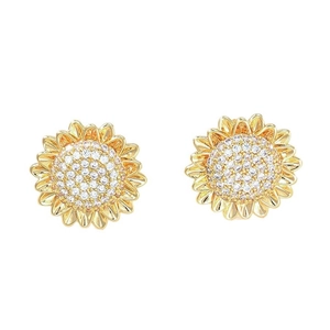 Elegant gold sunflower stud earrings with shimmering cubic zirconia stones on white background